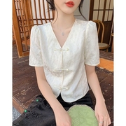 新中式盘扣雪纺衬衫女高级感复古国风v领短袖衬衫2024夏季女