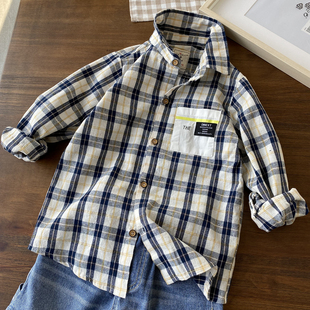 简洁有品欧美范110-160中大童男童纯棉格子，衬衫翻领长袖衬衣