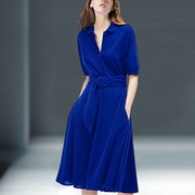 欧美时尚连衣裙女蓝色系夏收腰短袖简约中长款气质衬衫裙