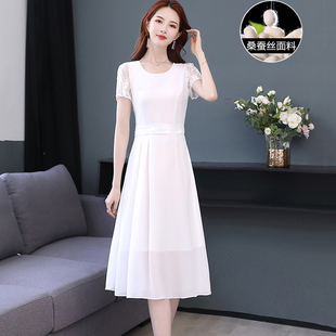杭州大牌气质重磅白色真丝连衣裙2023女高端桑蚕丝裙子夏季