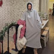 韩国2023冬季女士加绒棉灰色休闲连衣裙慵懒风过膝长裙卫衣裙