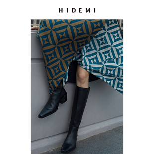 HIDEMI牛漆皮/牛皮方尖头擦色做旧感女鞋中跟增高长靴