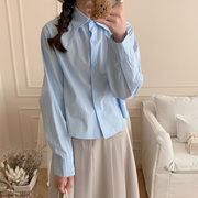 奶蓝色衬衫女小个子短款baby蓝衬衣日系学生polo领糖果色长袖上衣