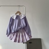 女童星黛露紫色学院风针织，毛衣梭织格纹百褶半裙两件套装儿童宝宝