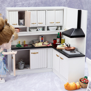 112娃娃屋diy小屋，迷你家具厨房模型现代高背，料理台套装简约