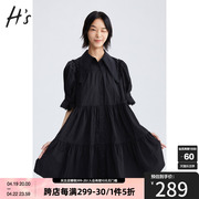 hs奥莱2023秋季衬衫，式连衣裙女装，黑色层次感复古少女感裙子