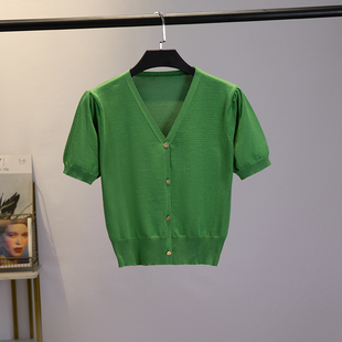 夏季冰丝泡泡袖开衫纯色，v领短袖外套绿色，短款t恤气质温柔风薄上衣