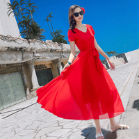 短袖连衣裙女三亚红色，收腰显瘦中长款海边旅游浪漫日光雪纺沙滩裙