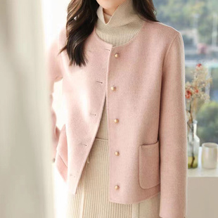 双面羊绒大衣女短款2023韩版小香风单排扣圆领，减龄羊毛呢外套