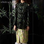 shiitake黑底绿玫瑰提花系带中式外套女解构风上衣设计感女小众