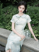 新中式女装连衣裙夏款薄荷绿旗袍裙子小清新高级感淑女度假风长裙