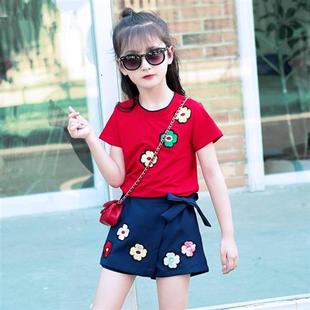 童装女童夏季短裙，套装2023韩版夏款花朵，短袖运动套装两件套