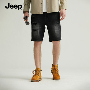 jeep吉普短裤男夏季破洞潮流，美式休闲宽松弹力男士牛仔五分裤
