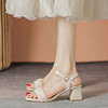 凉鞋女款夏季2024年法式珍珠，一字带高跟鞋，女粗跟网纱中跟云朵