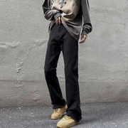 欧美hiphop黑色毛边牛仔裤男士设计感高街修身青少年微喇裤ins潮