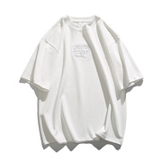 300g重磅T恤男宽松五分袖钢印字母立体纯白色不透纯棉短袖体恤衫S