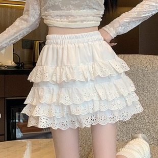 法式花边半身裙2024春夏，白色蓬蓬短裙高腰，显瘦甜美a字蛋糕裙
