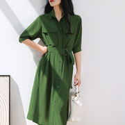 军绿色高级感天丝衬衫，长裙连衣裙女中长款开叉，收腰显瘦气质衬衫裙