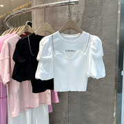 十三行女装2022夏韩版小众设计圆领泡泡袖链条假两件短袖T恤