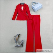 红色西装套装女2023春秋女装春装韩版时尚气质阔腿裤两件