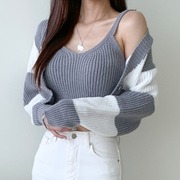 韩国chic秋冬减龄复古气质设计感两件套加厚毛衣，条纹短款针织套装