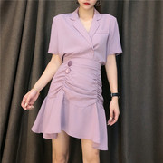 高腰紫色裙子半身裙西装衬衫两件套西装套装女 韩版气质时尚 洋气