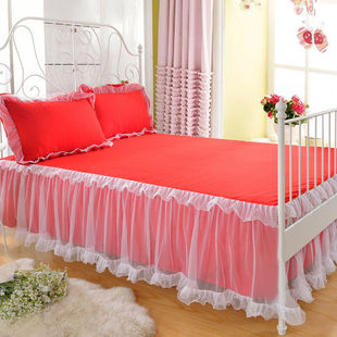 大红色婚庆浪漫白纱边床裙单件韩式公主风纯色简约床罩三件套床套