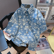 美式复古夏威夷沙滩短袖花，衬衫女夏vintage港风牛仔休闲外套上衣
