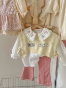 韩国童装女童白色纯棉翻领长袖娃娃衫背心针织马甲儿童粉色喇叭裤