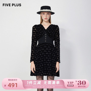 fiveplus复古收腰连衣裙女长袖，v领短裙子，丝绒心形女冬装