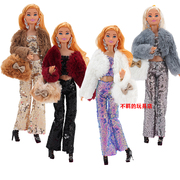 冬款毛绒马甲外套珠片裤子包包套装适合11寸巴比娃娃30cm Barbi