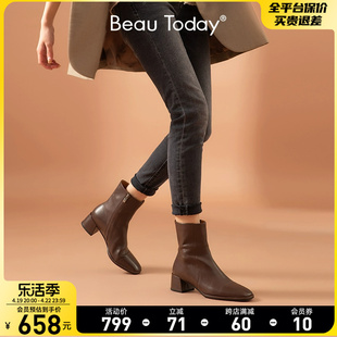 beautoday秋冬瘦瘦靴，短靴中跟方头切尔西女靴子，真皮裸靴羊皮