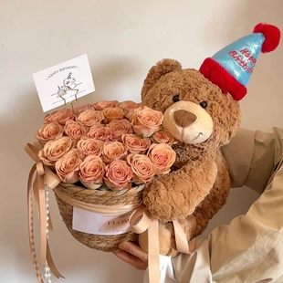 小熊生日礼物玩偶花束永生花，抱抱桶送闺蜜妈妈，实用母亲节成人礼