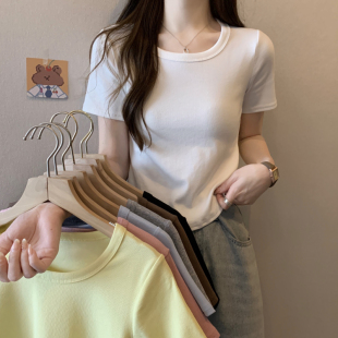 韩国 2024夏季复古糖果色圆领短款修身显瘦纯色短袖T恤女