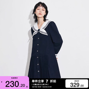 绫致only2023秋冬海军风条纹翻领百褶短款连衣裙女