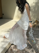 白色重工氛围感浪漫网纱鱼尾连衣裙女夏气质显瘦透视性感仙女长裙
