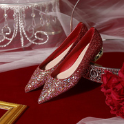红色低跟婚鞋女婚纱秀禾两穿新娘鞋2023年平底水晶单鞋不累脚