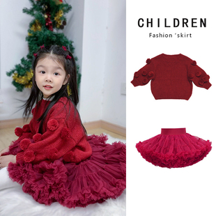 高级感女童tutu裙套装秋冬季婴儿洋气宝宝新年礼服红色裙子两件套