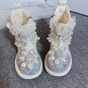 女童短靴2024秋冬单里靴子白色公主皮靴小女孩鞋子高跟儿童马丁靴