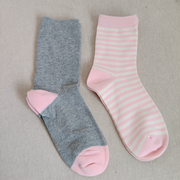 外贸女袜纯棉粉色条纹灰色撞色秋款吸汗透气短袜吸汗透气不臭脚