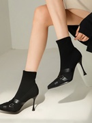欧美显高时尚弹力布短靴秋季显瘦靴子女士气质黑色细跟699876