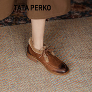 TATA PERKO联名圆头系带雪地靴女秋冬羊羔毛加厚保暖复古单鞋