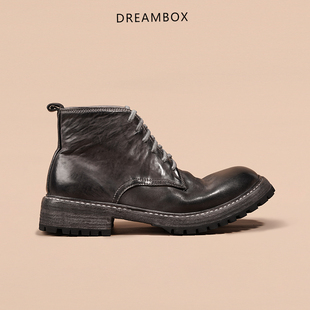dreambox钧博缩纹马臀皮男士短靴手工固特异马丁靴英伦复古工装靴