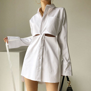 韩国chic小众翻领镂空扭结单排扣设计感系带收腰长袖，衬衫式连衣裙