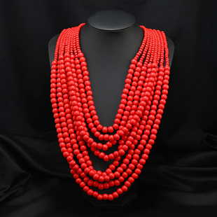 欧美复古多层木珠项链女个性夸张红色长款毛衣链波西米亚外贸配饰