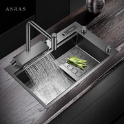 阿萨斯厨房阶梯水槽黑色纳米灵雨瀑布花洒单槽不锈钢洗碗槽洗菜盆