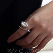 Xii原创「顺意」自然生长淡水巴洛克珍珠戒小众通体纯银开口指环