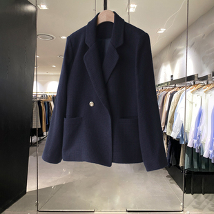 编织纹理高级感西装外套，女2022秋冬韩版通勤宽松蓝色小香西服