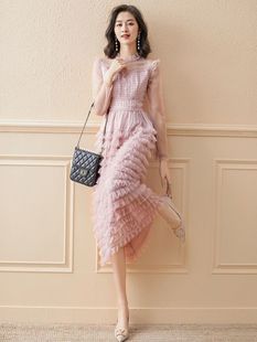 雪纺气质连衣裙女2023秋季女装法式蕾丝，粉色气质高级感网纱裙