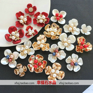 古装新娘头饰材料红色花朵，镶钻珍珠花心花盘，团扇diy饰品配件